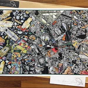 May include: A close-up of a colorful abstract painting with a geometric pattern. The painting is made up of many small, colorful shapes and lines. The colors are bright and vibrant, and the overall effect is one of energy and movement.