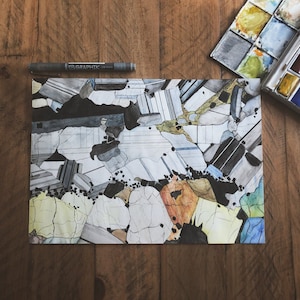 May include: Abstract watercolor painting of a cracked and broken surface. The painting features a variety of colors, including white, black, gray, brown, orange, blue, and green. The painting is done on a white background.