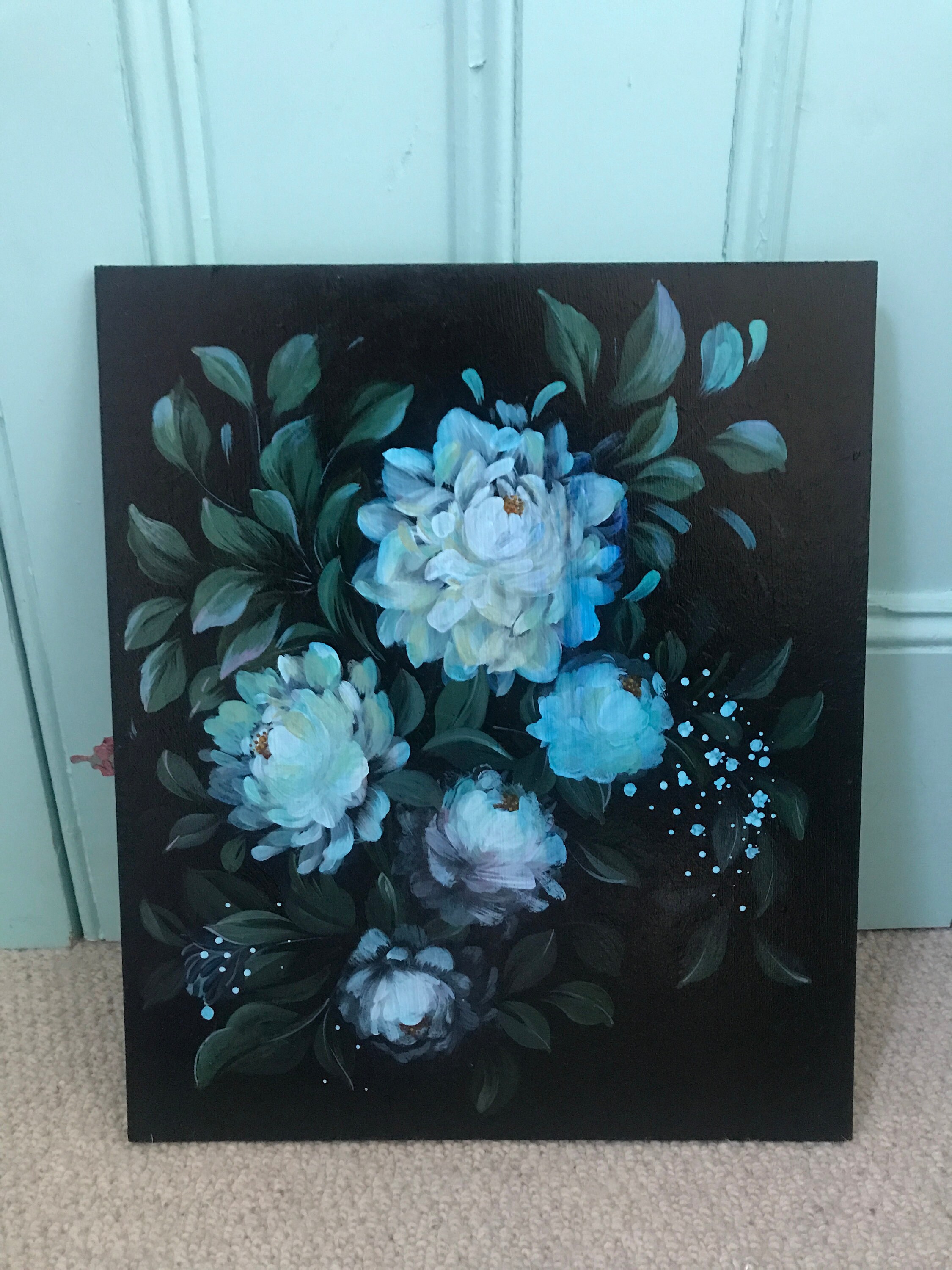 Handpainted flowers of blue dahlias on a dark background wall Etsy