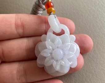 Flower Jadeite Jade Pendant, Light Lavender & Green, Natural Grade A Type A Jade, Burmese Burma Gemstones Jewelry, Necklace