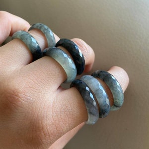 Jadeite Jade Ring in Diamond Cutting, Smoky Gray, Natural Grade A Jade, Burma Burmese Gemstones Jewelry