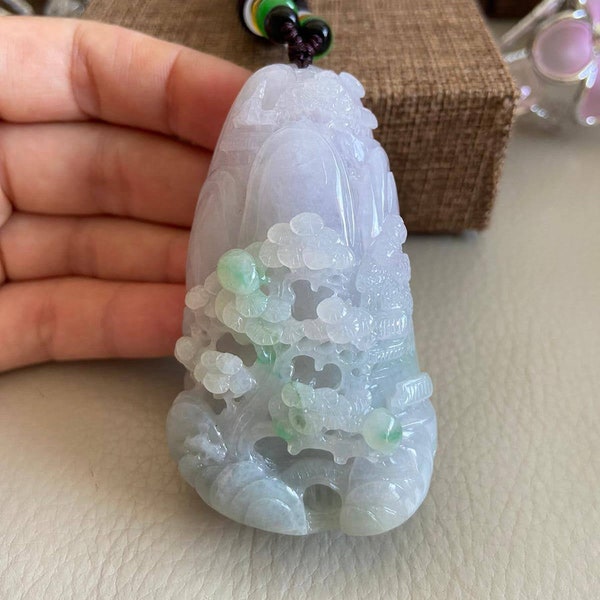 Carved Landscape Jadeite Jade Pendant, Chinese Style Scenery, Bridge Mountain Tree, Natural Type A Grade A Jade, Burmese Gemstone, Necklace