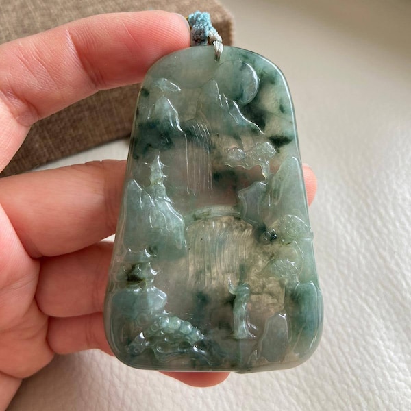 Carved Landscape Jadeite Jade Pendant, Chinese Style Scenery, Bridge Mountain Tree, Natural Type A Grade A Jade, Burmese Gemstone, Necklace