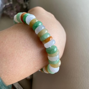Jadeite Jade Beaded Bracelet, Light Green, Green & Brown, Pumpkin Shape Bead, Natural Grade A Jade, Burmese Gemstones Jewelry