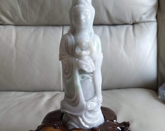 Guan Yin Jadeite Jade Statue with Wooden Base, Guanyin and Baby, Natural Grade A Type A Jade, Burma Gemstones, JadeiteRoom Etsy