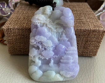 Carved Landscape Jadeite Jade Pendant, Chinese Style Scenery, Bridge Mountain Tree, Natural Type A Grade A Jade, Burmese Gemstone