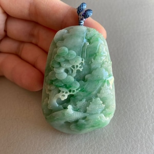 Carved Landscape Jadeite Jade Pendant, Light Green, Bridge Mountain Tree, Natural Type A Grade A Jade, Burmese Gemstone, Necklace