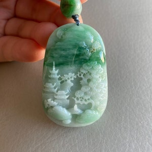 Carved Landscape Jadeite Jade Pendant, Light Green, Bridge Mountain Tree, Natural Type A Grade A Jade, Burmese Gemstone, Necklace