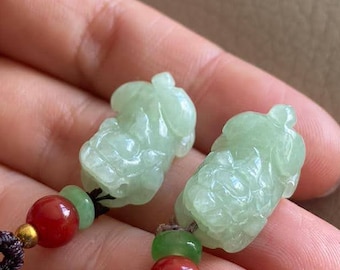 Chinese Pixiu Jadeite Jade Pendants, Pair, Light Green, Natural Grade A Jade, Certified, Burmese Myanmar Gemstones, Chinese Carving Jewelry