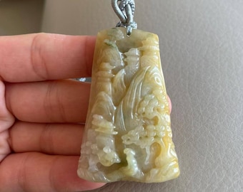 新品　翡翠 彫刻風景 ペンダント 彫刻された風景翡翠ペンダント、中国風の風景、橋山木、天然タイプA