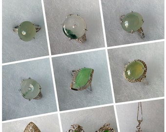 May include: A collection of jadeite jewelry featuring rings, earrings, and a pendant. The jewelry is set in silver and features a variety of jadeite colors, including green, white, and yellow.