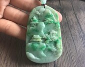 Jadeite Pendant, Natural Jade Grade A Jade Handmade Carved Landscape - bridge, river, house, tree scenery, Chinese Vintage Burma Gemstone