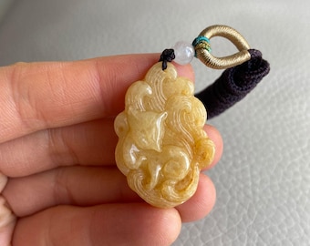 Colgante de jadeíta de zorro de nueve colas para collar, amarillo parduzco y verde claro, jade natural de grado A, piedras preciosas birmanas, joyería