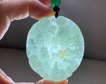 彫刻された風景翡翠ペンダント、中国風の風景、橋山木、天然
