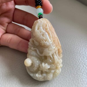 Chinese Dragon Jadeite Jade Pendant, Yellow Brown, Natural Grade A Jade, Burma Myanmar Gemstones, Necklace, Jewelry