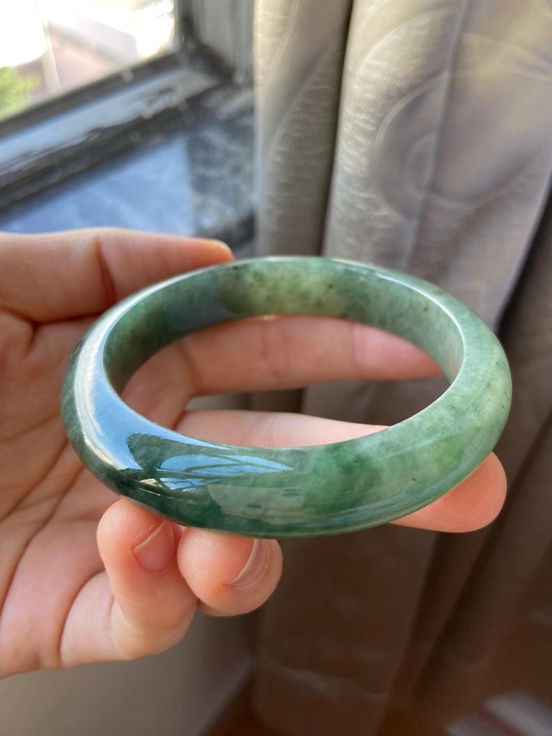 Jade Bangle 58.5mm (2.3"), Green Natural Jadeite Bracelet Bangle in Round Shape, Certified Jade Grade A Jade, Burma Gemstone, Jewelry image 3