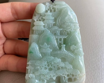 Carved Landscape Jadeite Jade Pendant, Light Green, Bridge Mountain Tree, Natural Type A Grade A Jade, Burmese Gemstone, Necklace