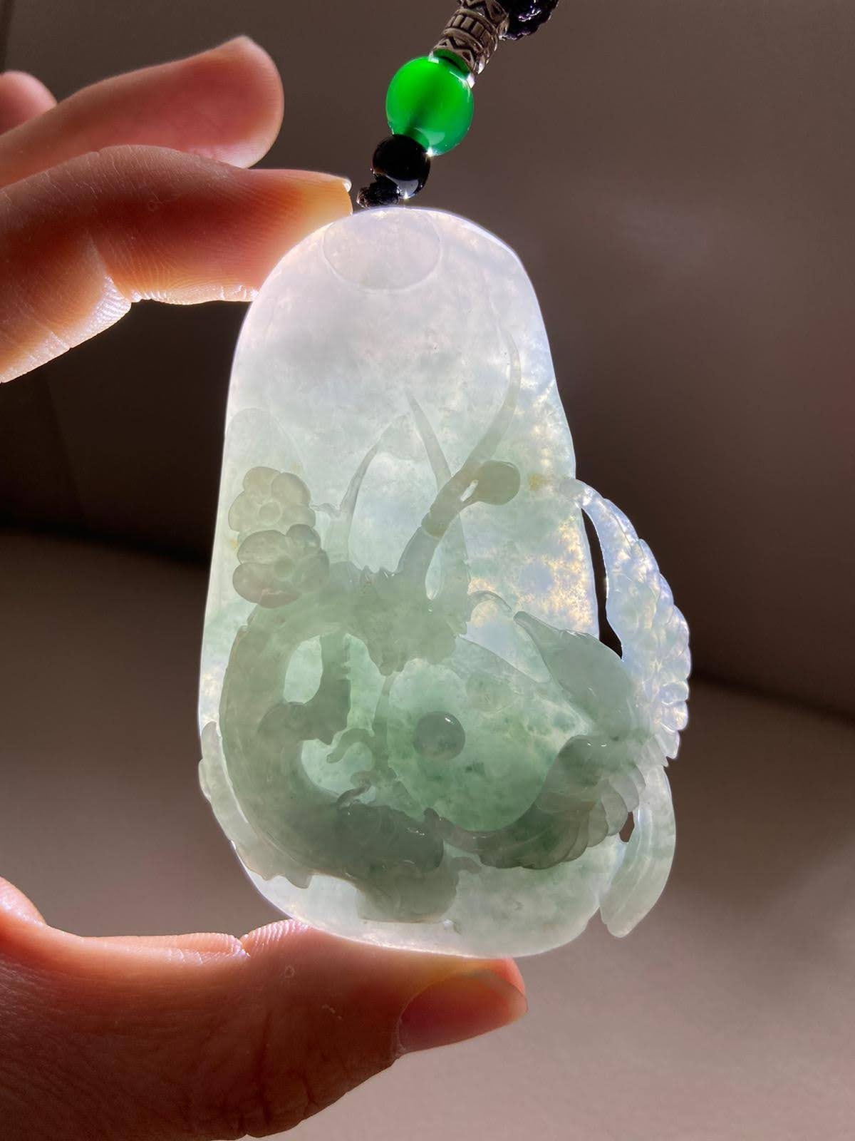 幸運の輝く鳥と花、ネックレス用翡翠ペンダント、天然グレードA翡翠