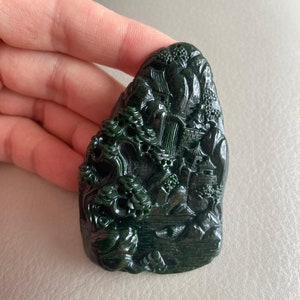 Carved Landscape Jadeite Jade Pendant, Chinese Style Scenery, Bridge Mountain Tree, Natural Type A Grade A Jade, Burmese Gemstone, Necklace
