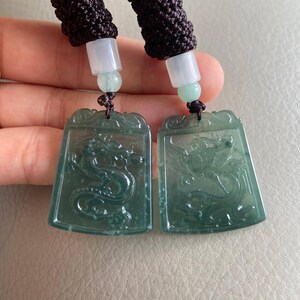 Chinese Dragon and Phoenix Jadeite Jade Pendants, Pair, Light Green, Natural Grade A, Burmese Burma Gemstones, Antique Jewelry Necklace