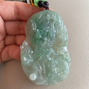 Chinese Dragon Jadeite Jade Pendant, Green, Natural Grade A Jade, Burma Myanmar Gemstones, Jewelry, Necklace, Antique