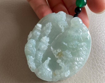 彫刻された風景翡翠ペンダント、中国風の風景、橋山木、天然タイプA