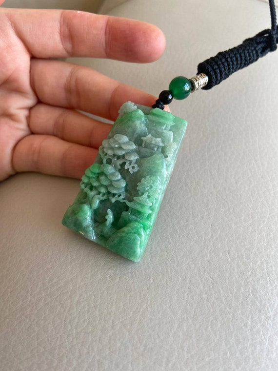 Carved Landscape Jadeite Jade Pendant, Light Green, Bridge