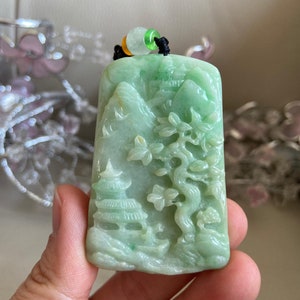 Carved Landscape Jadeite Jade Pendant, Light Green, Bridge Mountain Tree, Natural Type A Grade A Jade, Burmese Gemstone, Necklace