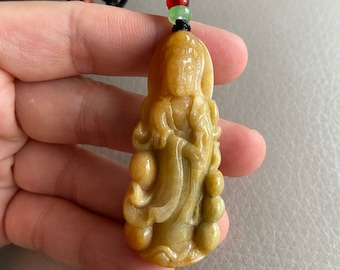 Guan Yin Jadeite Jade Necklace Pendant, Yellow, Natural Grade A Jade, Burma Gemstone, Jewelry
