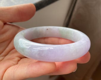 Jade Bangle 57.2mm (2.25"), Round Shape, Light Lavender & Green, Natural Jadeite Bracelet, Certified Grade A Jade, Myanmar Burmese Gemstones