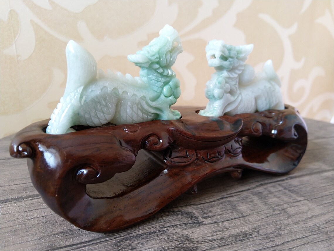 Chinese Qilin Kirin Jadeite Statue Jade Carving with Wooden Etsy