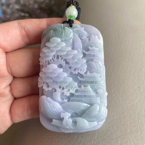 Carved Landscape Jadeite Jade Pendant, Chinese Style Scenery, Bridge Mountain Tree, Natural Type A Grade A Jade, Burmese Gemstone, Necklace
