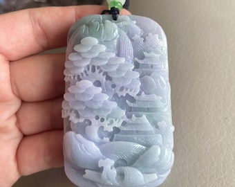 Carved Landscape Jadeite Jade Pendant, Chinese Style Scenery, Bridge Mountain Tree, Natural Type A Grade A Jade, Burmese Gemstone, Necklace