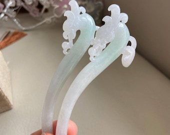 Carved Jadeite Hair Pin with Chinese Dragon and Phoenix, Light Green, Natural Grade A Jade, Burmese Gemstone