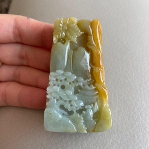 Carved Landscape Jadeite Jade Pendant, Chinese Style Scenery, Bridge Mountain Tree, Natural Type A Grade A Jade, Burmese Gemstone, Necklace