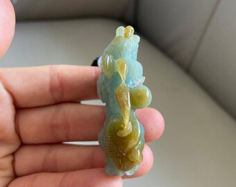 中国産貔貅（ひきゅう）翡翠ペンダント、緑と黄色、天然グレードA翡翠