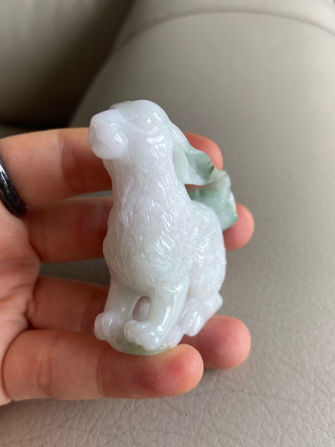 Rabbit Jadeite Jade Statue, White & Light Green, Natural Grade A Jade ...