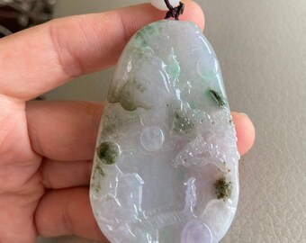 新品　翡翠 彫刻風景 ペンダント 彫刻された風景翡翠ペンダント、中国風の風景、橋山木、天然タイプA