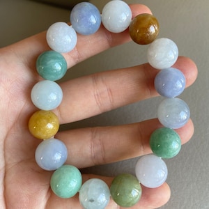 Jadeite Jade Beads Bracelet, Light Green, Light Lavender & Others, Natural Grade A Jade, Burmese Gemstones Jewelry