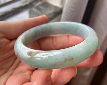Jade Bangle 57.0mm (2.24"), Round Shape, Light Green Yellow Brown, Jadeite Bracelet, Certified Grade A Jade, Myanmar Burma Gemstone Jewelry