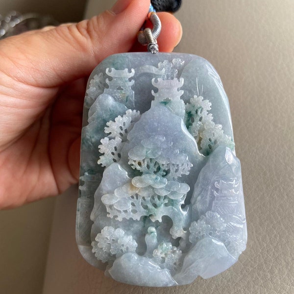 Carved Landscape Jadeite Jade Pendant, Chinese Style Scenery, Bridge Mountain Tree, Natural Type A Grade A Jade, Burmese Gemstone, Necklace