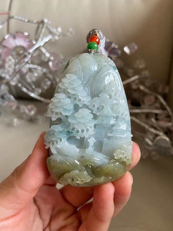 新品　翡翠 彫刻風景 ペンダント 彫刻された風景翡翠ペンダント、中国風の風景、橋山木、天然タイプA