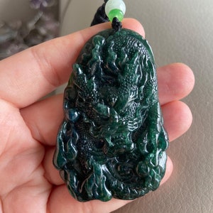 Chinese Dragon Jadeite Jade Pendant, Dark Green, Natural Grade A Jade, Burmese Gemstones, Jewelry, Necklace
