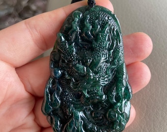 Ciondolo E Collana Giada Verde Naturale Intaglio Drago Con Certificato - Giadeite Myanmar