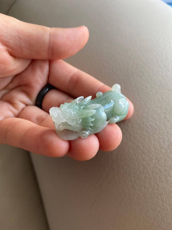 Chinese Pixiu (貔貅) Jadeite Jade Statue, Icy Light Green, Natural Grade A Jade Certified, Burmese Myanmar Gemstones Jewelry