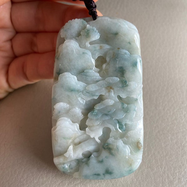 Carved Landscape Jadeite Jade Pendant, Light Green, Bridge Mountain Tree, Natural Type A Grade A Jade, Burmese Gemstone, Necklace Jewelry