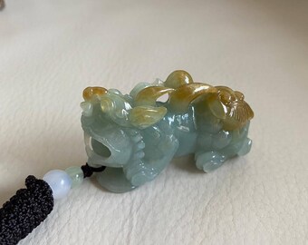 中国産貔貅（ひきゅう）翡翠ペンダント、緑と黄色、天然グレードA翡翠