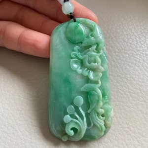 Beaming Bird and Flower, Jadeite Pendant for Necklace, Natural Green Jade, Untreated Grade A Jadeite, Burma Gemstones Carved Jewelry