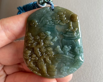 Carved Landscape Jadeite Jade Pendant, Green & Yellowish Brown, Bridge Mountain Tree, Natural Grade A Jade, Burmese Gemstone, Necklace