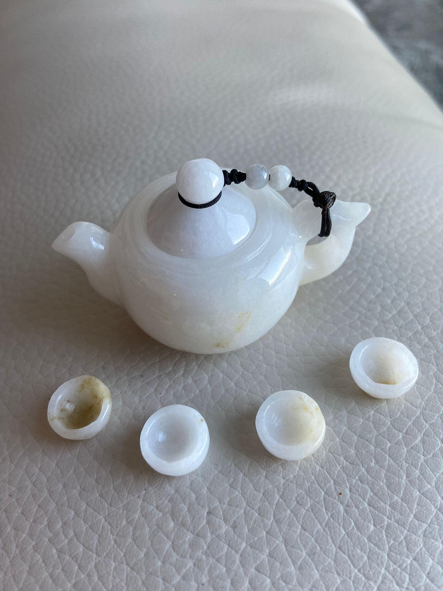 Jadeite Tea Pot Set, Hand Carved Chinese Antique, Natural Grade A